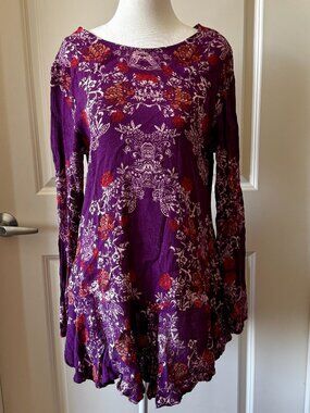 Free People Purple Floral Open Back Tunic Top Boho Size Small